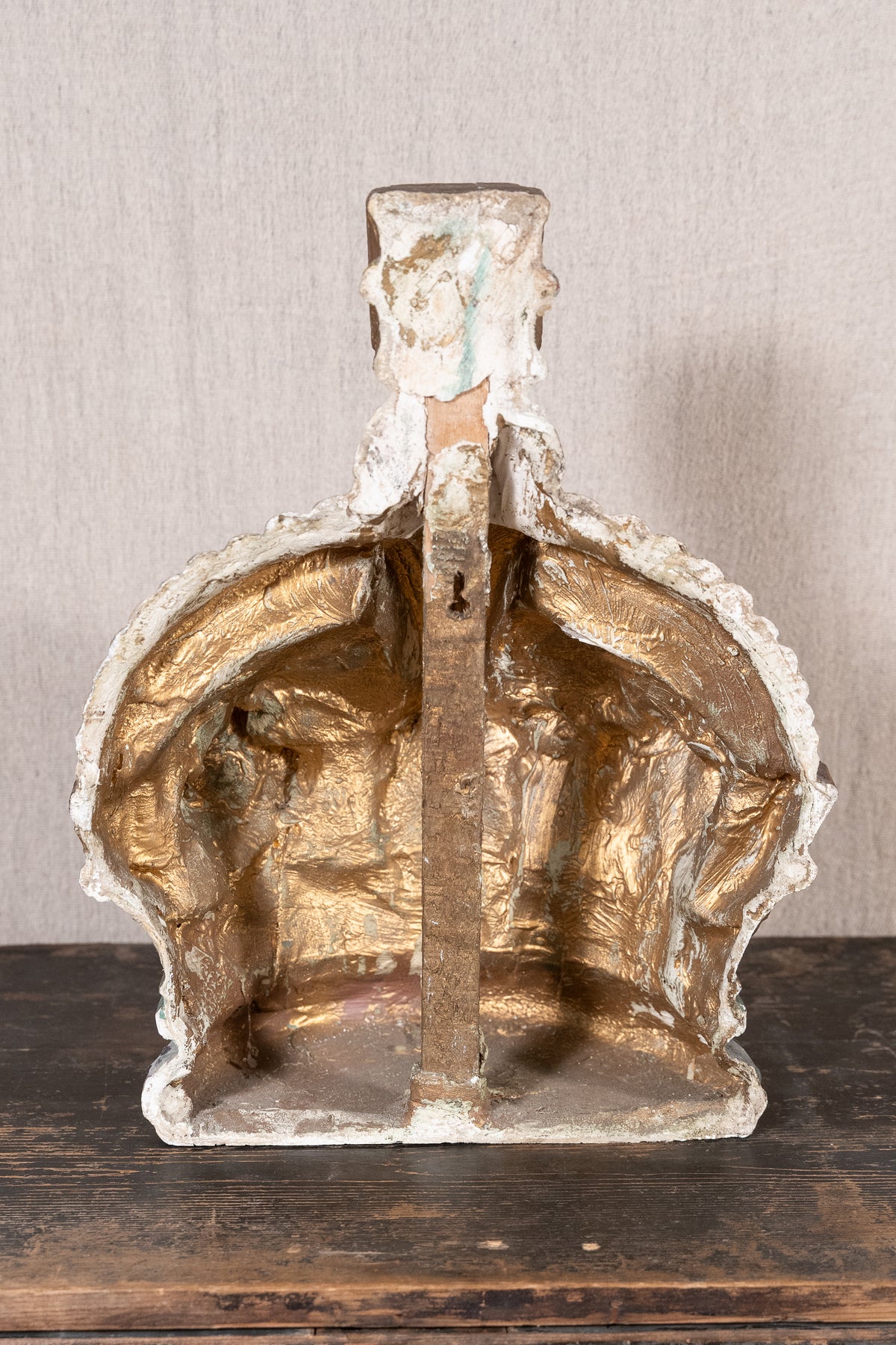 Pair of vintage King George VI coronation display crowns from 1937, featuring Tudor Crown details, simulated pearls and crimson caps.