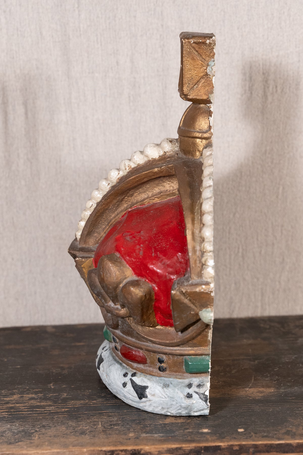 Pair of vintage King George VI coronation display crowns from 1937, featuring Tudor Crown details, simulated pearls and crimson caps.