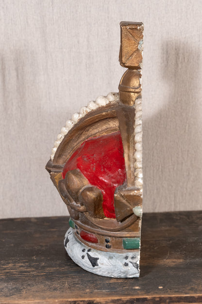 Pair of vintage King George VI coronation display crowns from 1937, featuring Tudor Crown details, simulated pearls and crimson caps.