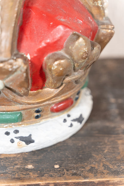 Pair of vintage King George VI coronation display crowns from 1937, featuring Tudor Crown details, simulated pearls and crimson caps.