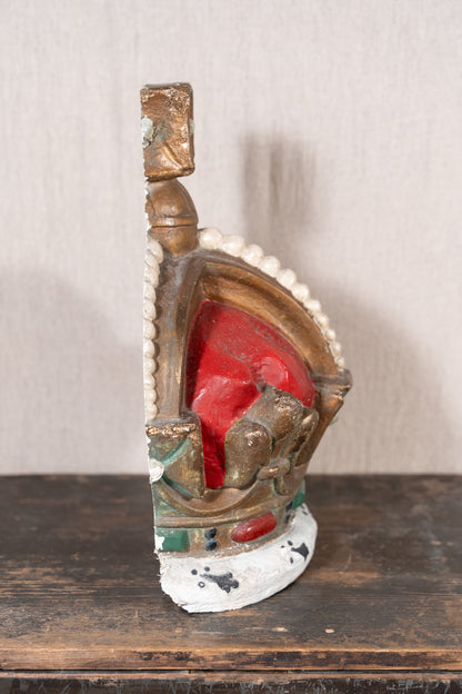 Pair of vintage King George VI coronation display crowns from 1937, featuring Tudor Crown details, simulated pearls and crimson caps.