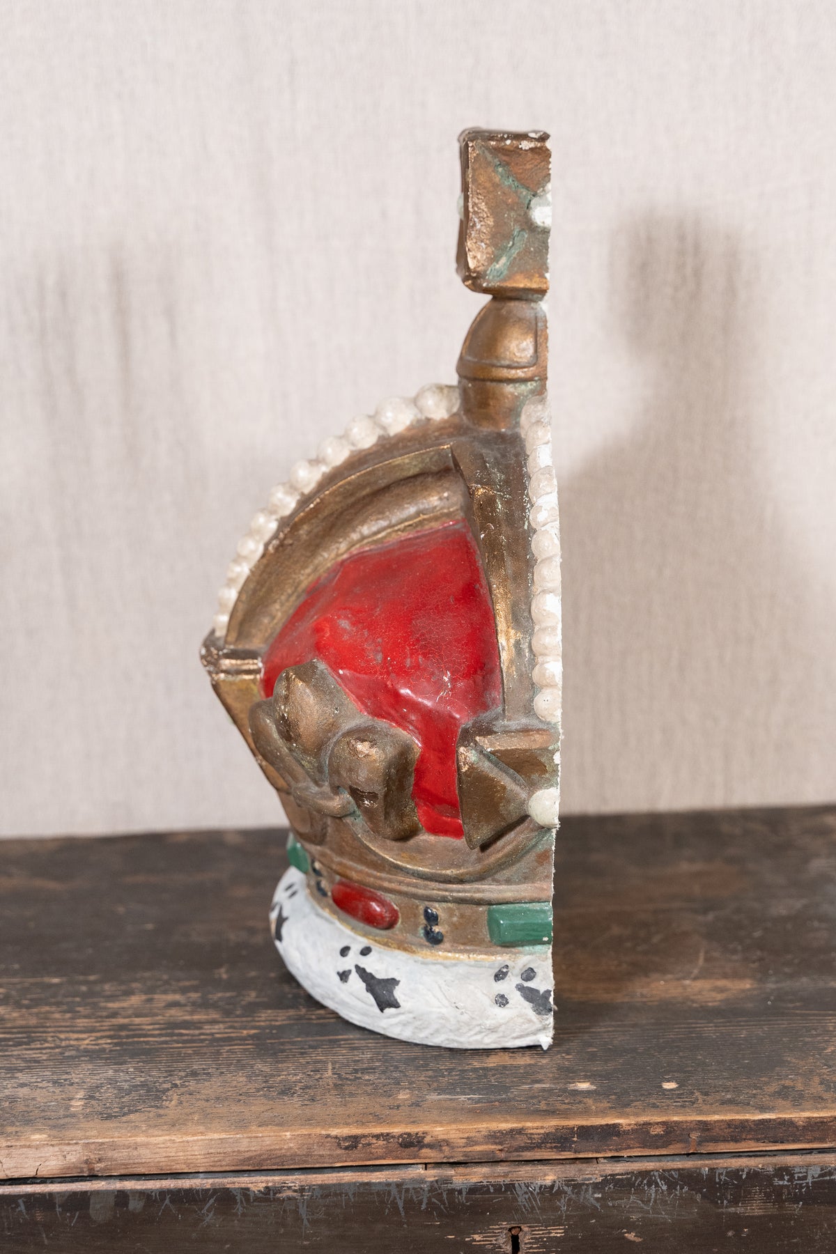 Pair of vintage King George VI coronation display crowns from 1937, featuring Tudor Crown details, simulated pearls and crimson caps.