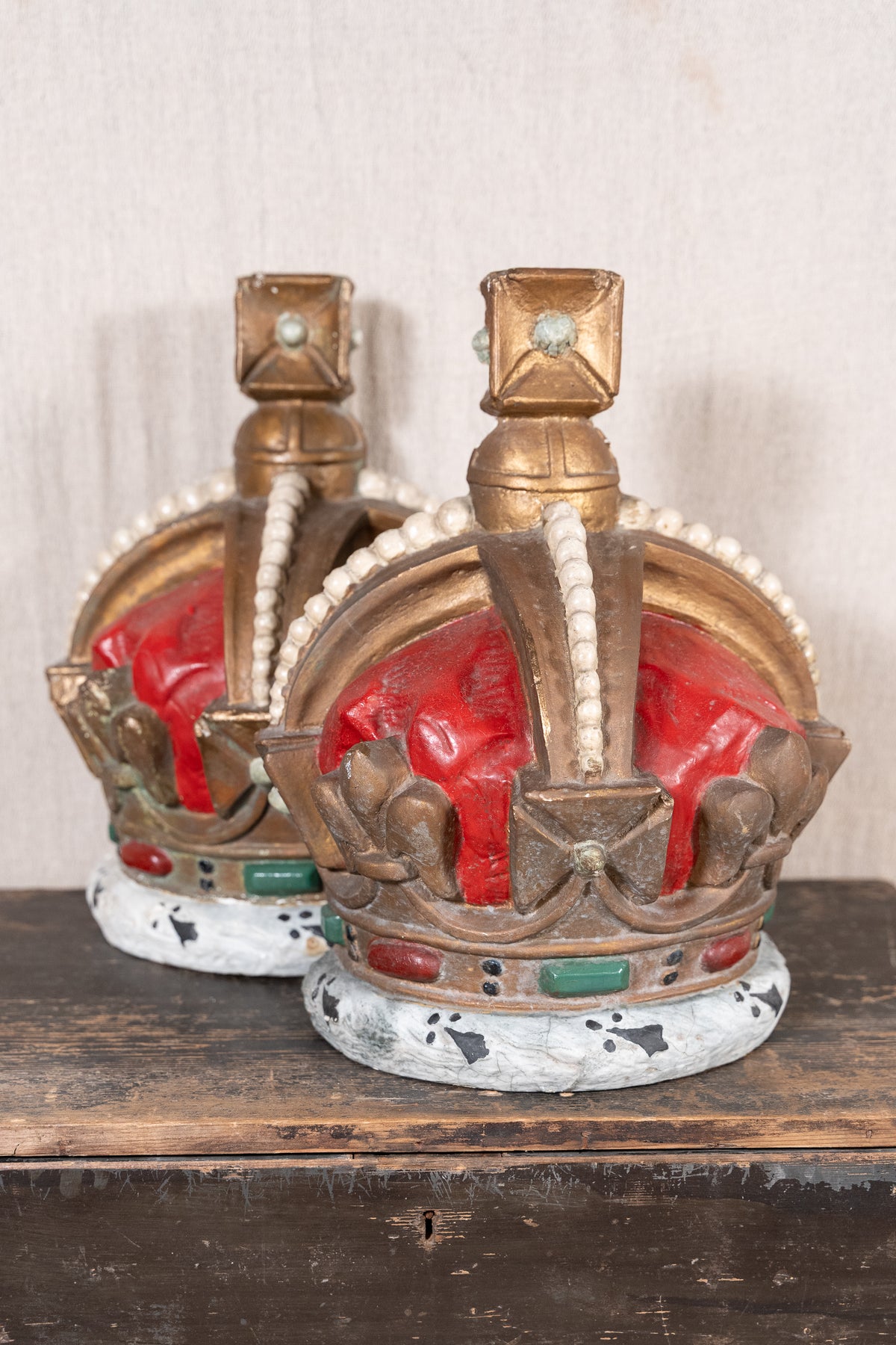 Pair of vintage King George VI coronation display crowns from 1937, featuring Tudor Crown details, simulated pearls and crimson caps.