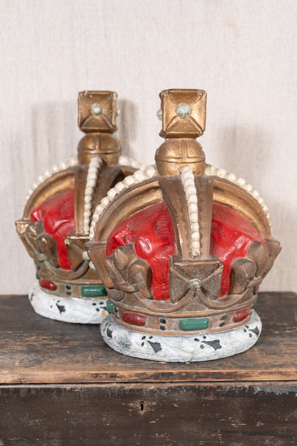 Pair of vintage King George VI coronation display crowns from 1937, featuring Tudor Crown details, simulated pearls and crimson caps.