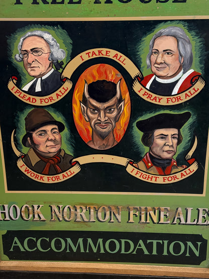 A vintage illustrated sign or poster with four historical portraits around a central devil-like face, with banners reading phrases such as 'I LEAD FOR ALL,' 'I PRAY FOR ALL,' 'I WORK FOR ALL,' and 'I FIGHT FOR ALL.' Large text at the bottom reads 'HOOK NORTON FINEALE' and 'ACCOMMODATION.