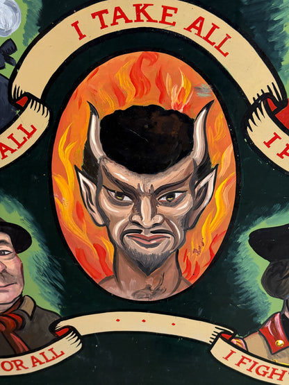 A painted mural-style artwork showing a horned devil face surrounded by flames, with banners reading 'I TAKE ALL' and 'I FIGHT FOR ALL' on a dark green background.