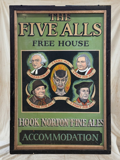 A vintage framed pub sign for 'The Five Alls Free House' advertising Hook Norton Fine Ales, featuring five illustrated portraits of historical figures on a green and black background.